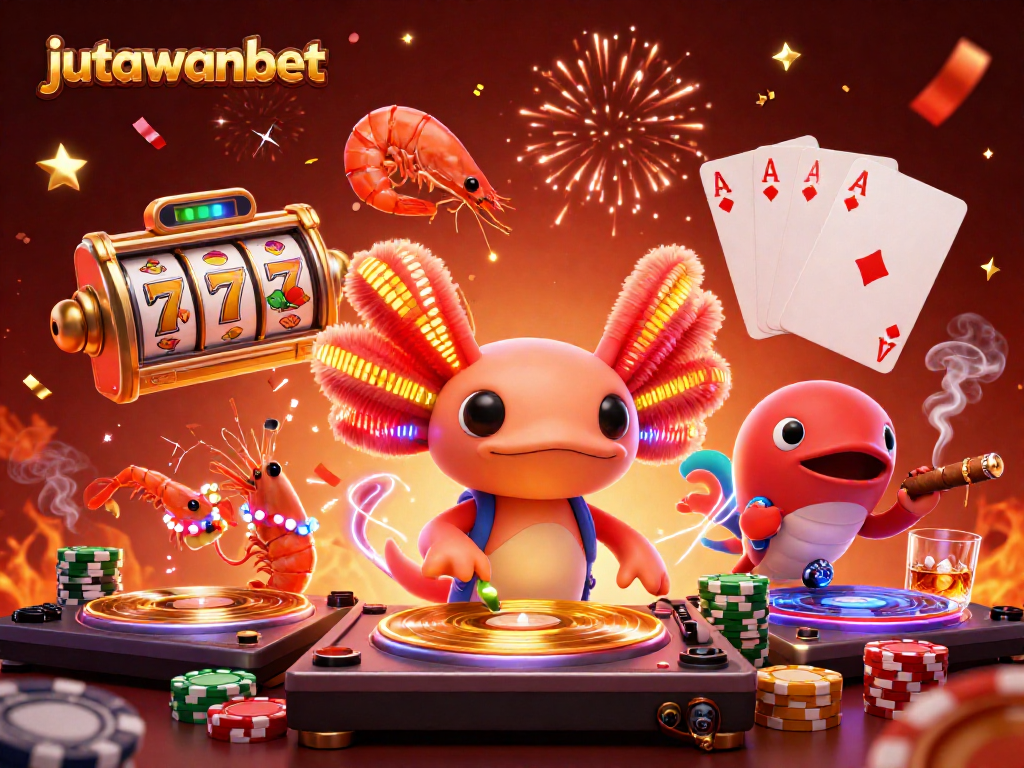 Experience the excitement at jutawanbet with a vibrant 3D casino scene featuring unique characters and slot game elements.