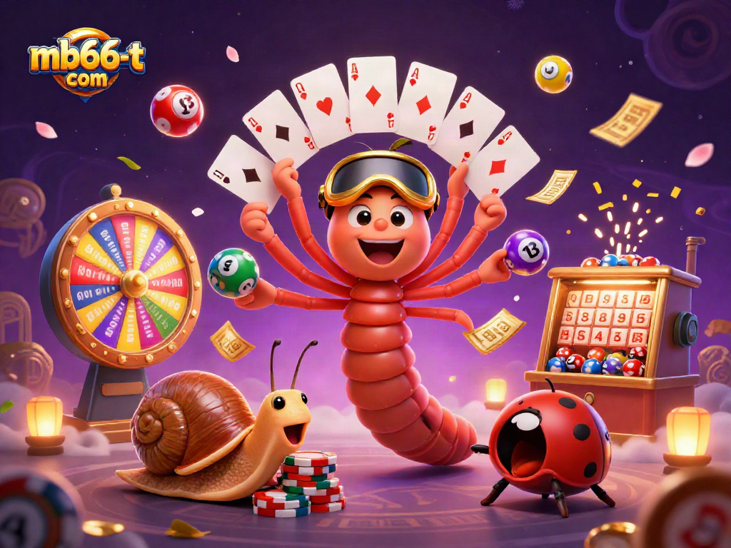 Engage with mb66-t com in a lively casino scene featuring a millipede dealer and vibrant gaming elements.