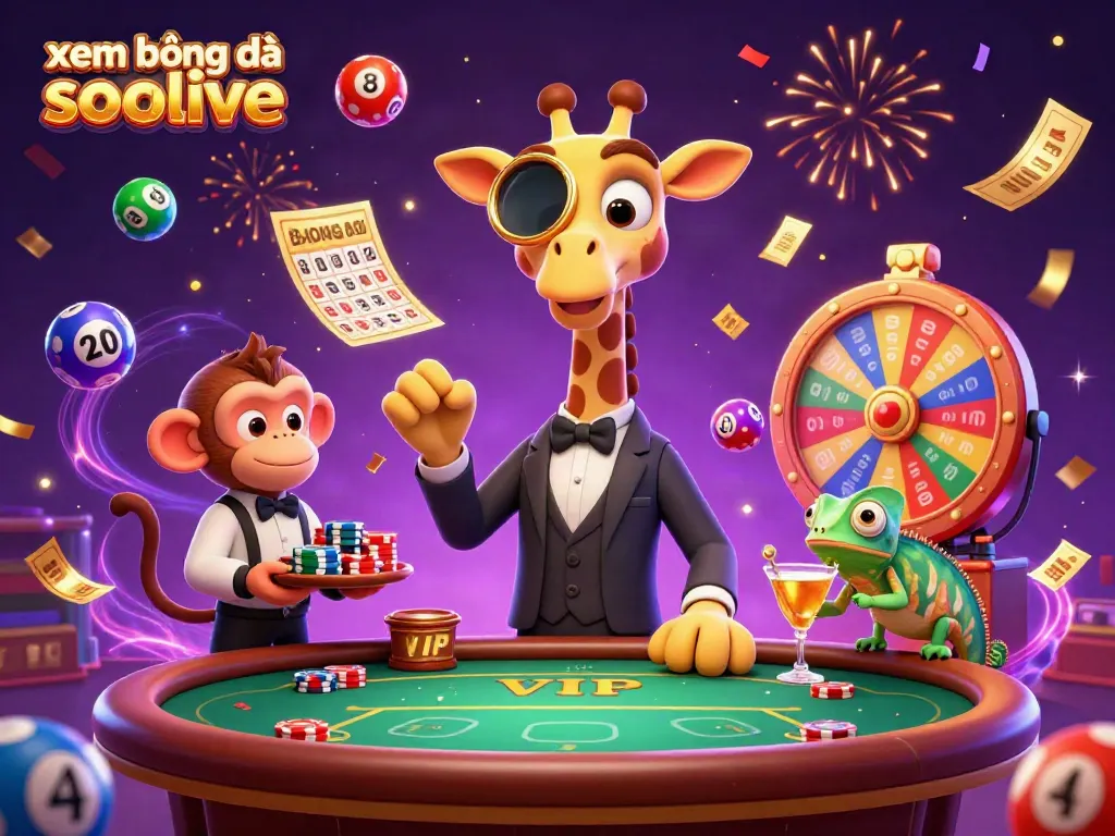 Experience xem bóng đá socolive with a vibrant, detailed 3D illustration of gambling characters.