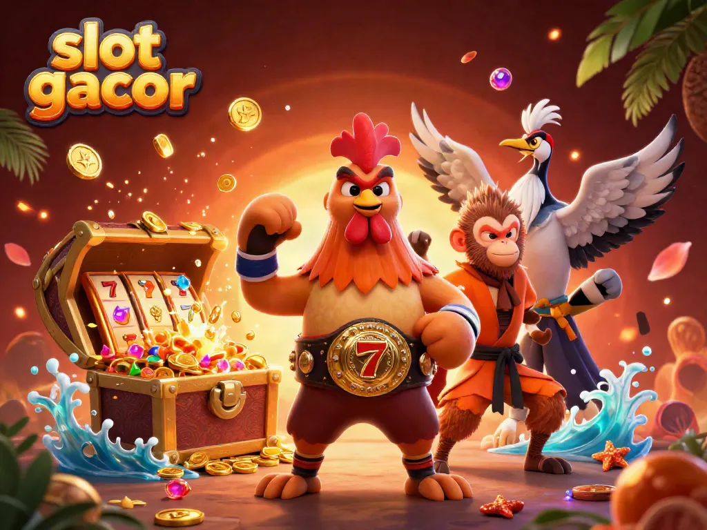Engage in winning with slot gacor featuring cartoon martial artists and slot elements amidst treasure.
