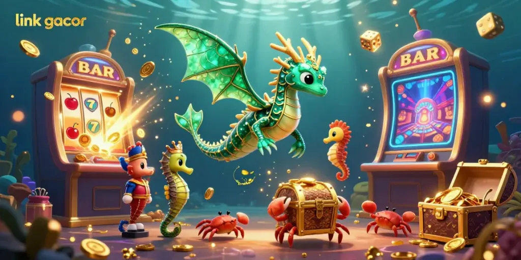 Engage with dynamic 3D casino ocean scene featuring link gacor elements as treasures and characters interact.