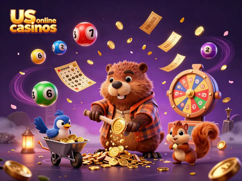 View vibrant casino scene featuring us online casinos with a lumberjack beaver, coins, and lottery elements.
