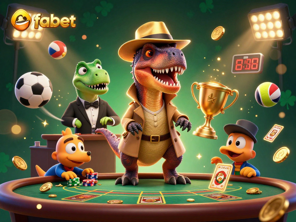 Experience fabet's thrilling action as a velociraptor card counter at a blackjack table amidst flying sports elements.