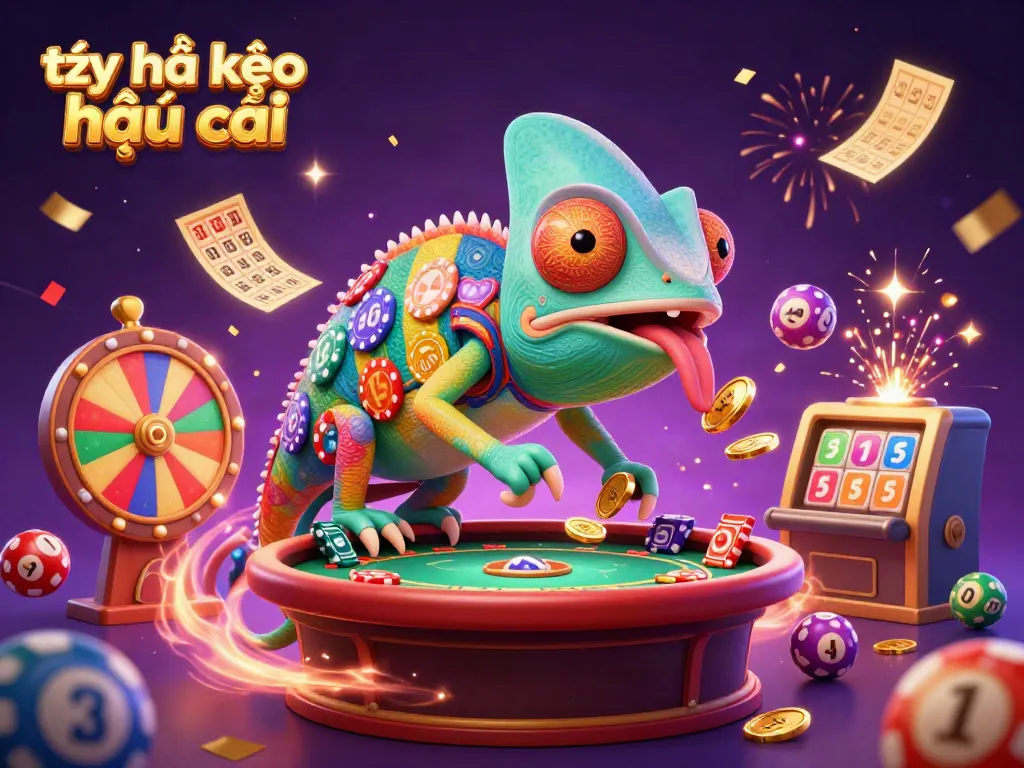 Engage with tỷ lệ kèo nhà cái through a vibrant casino scene featuring a dynamic chameleon and lottery elements.