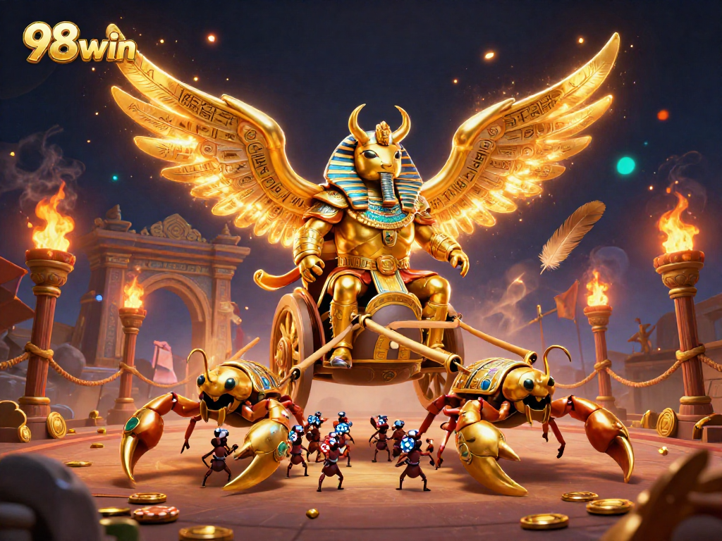 Engage with 98win's vibrant casino scene featuring a golden scarab beetle chariot and colorful poker chips.
