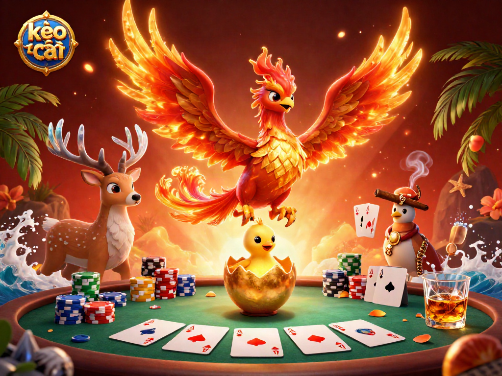 Place bets with kèo nhà cái as a phoenix and stag bring good fortune at a vibrant poker table.