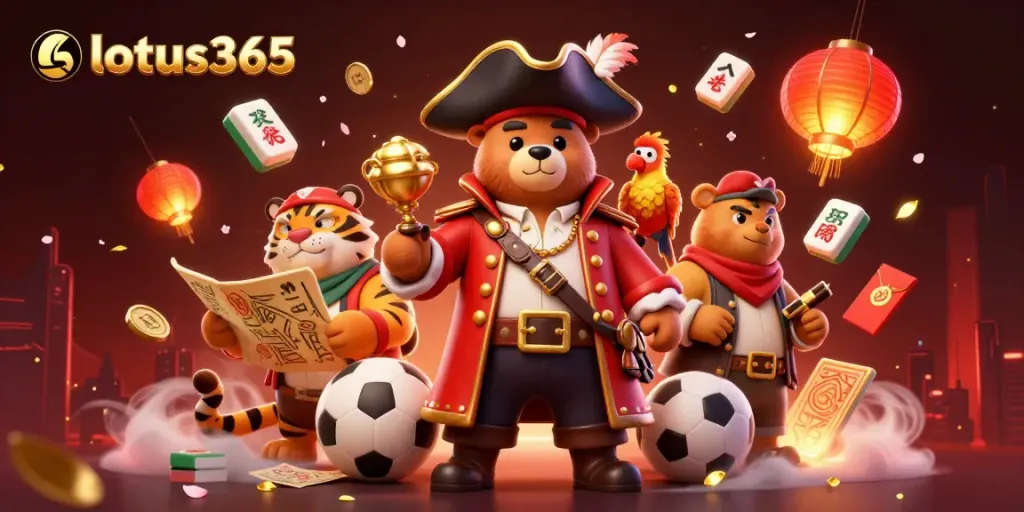 Bet on cricket and football with lotus365, featuring an energetic pirate bear and tiger complete with sports elements.