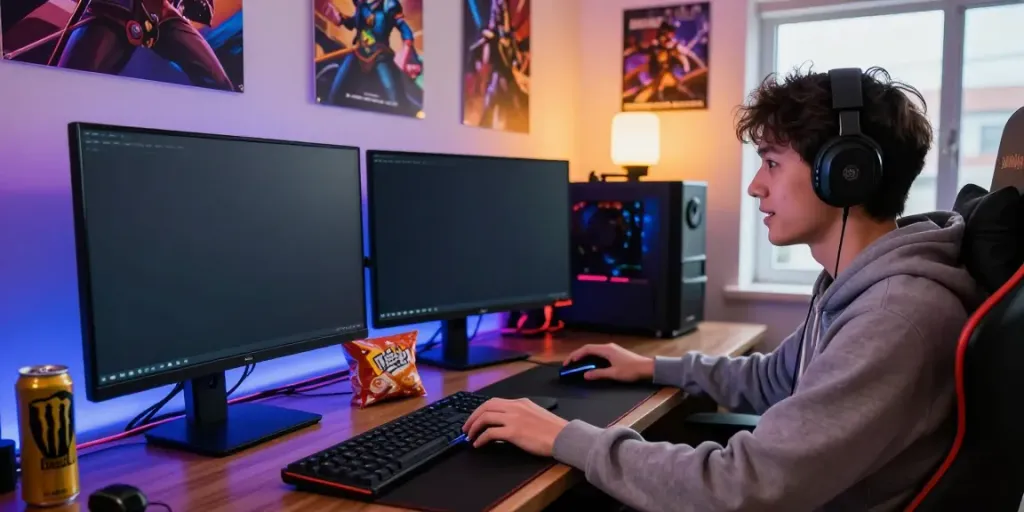 Excited gamer playing akunjp slot game on a modern setup.