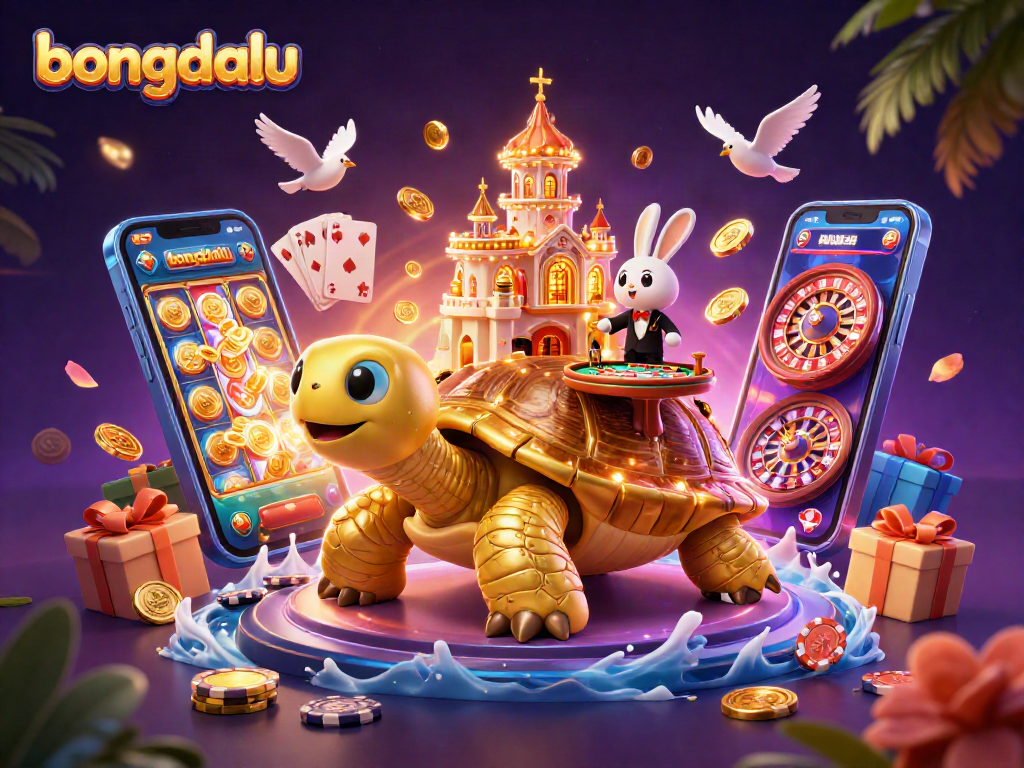Engage with bongdalu as golden tortoise and rabbit dealer entertain with vibrant casino elements.