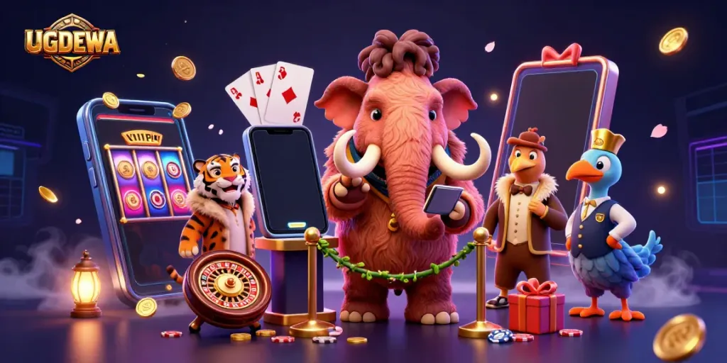 Engaging scene with UGDEWA featuring a cartoon mammoth checking IDs at a casino entrance with VIP tiger guest and dodo doorman.