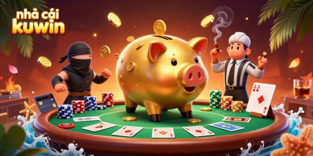 Experience the excitement of nhà cái kuwin with a dynamic scene featuring a golden piggy bank sumo wrestler, a ninja, and vibrant gaming elements.
