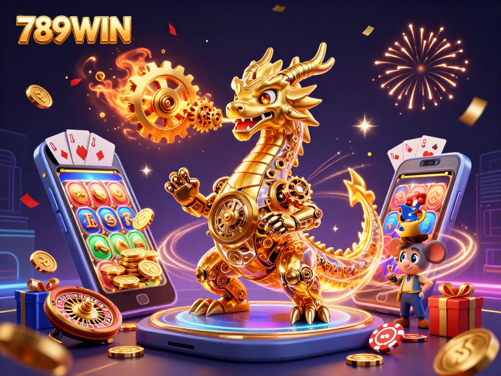Experience thrilling action at 789WIN with a dynamic 3D scene of a golden dragon, slot games, and vibrant casino elements.