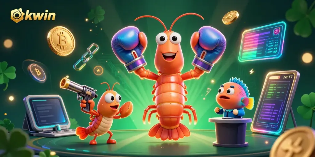 Engage in thrilling action at okwin with vibrant casino-themed characters amidst stunning crypto elements.