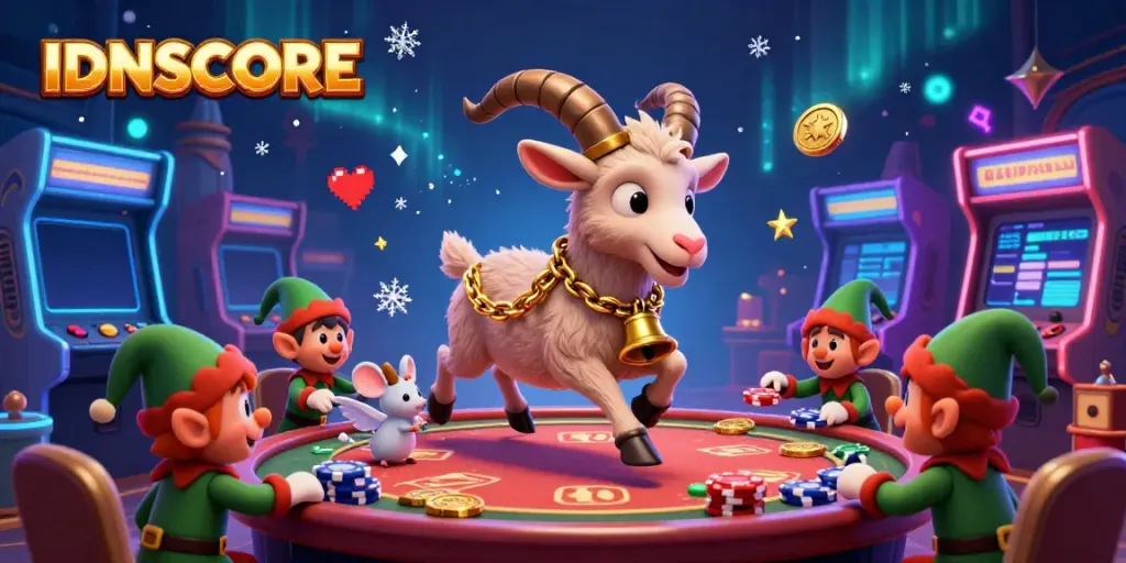 IDNSCORE casino scene showcasing a festive Krampus goat, angel mouse, and mischievous gremlins amid lively game elements and vibrant decorations.