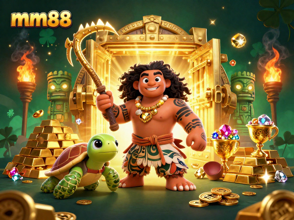 Experience thrilling gameplay at mm88 with a demigod and treasures surrounded by vibrant casino elements.