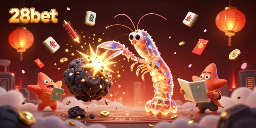 Watch the 28bet galactic samurai mantis shrimp unleash treasures in this vibrant casino scene, brimming with excitement.