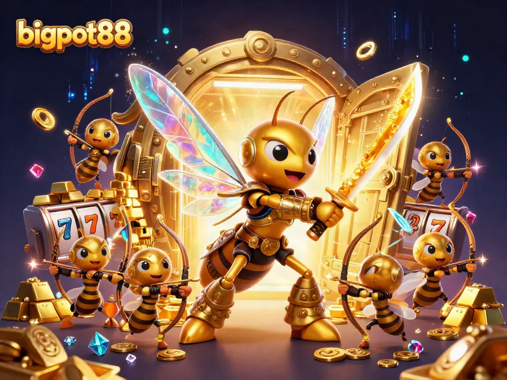 bigpot88 menampilkan ilustrasi kasino yang memukau dengan hornet emas berarmor samurai dalam aksi memenangkan harta karun