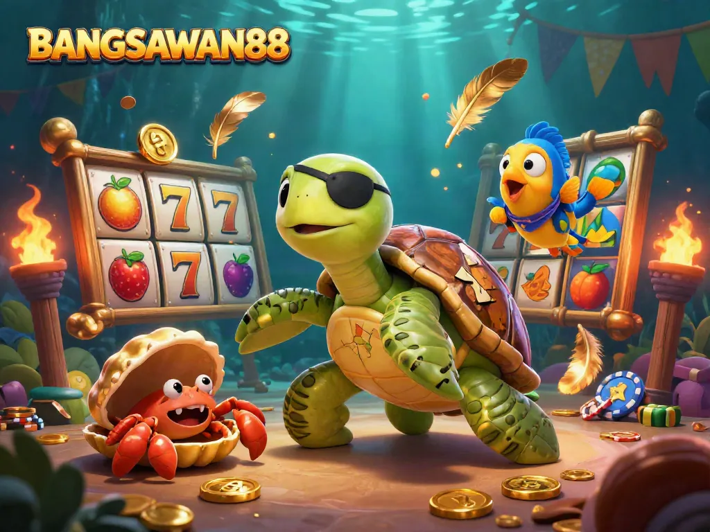 BANGSAWAN88 brings exciting slot gaming to life with a vibrant and dynamic underwater scene featuring a pirate turtle, golden coins, and lively game elements.