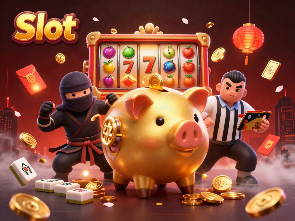 Menyambut kemenangan Slot dengan ilustrasi 3D karakter pecahan emas dan elemen lotere yang dinamis.