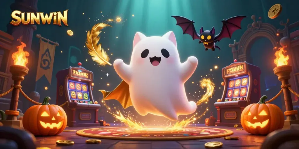 Experience SUNWIN's thrilling haunted casino with ghostly cat and vibrant gaming elements.