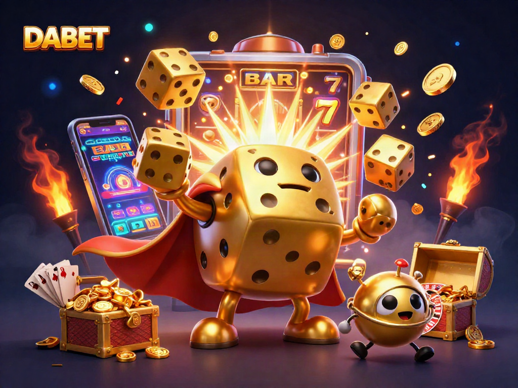 DABET showcases a vibrant 3D cartoon casino scene with dynamic golden dice and colorful gaming elements.