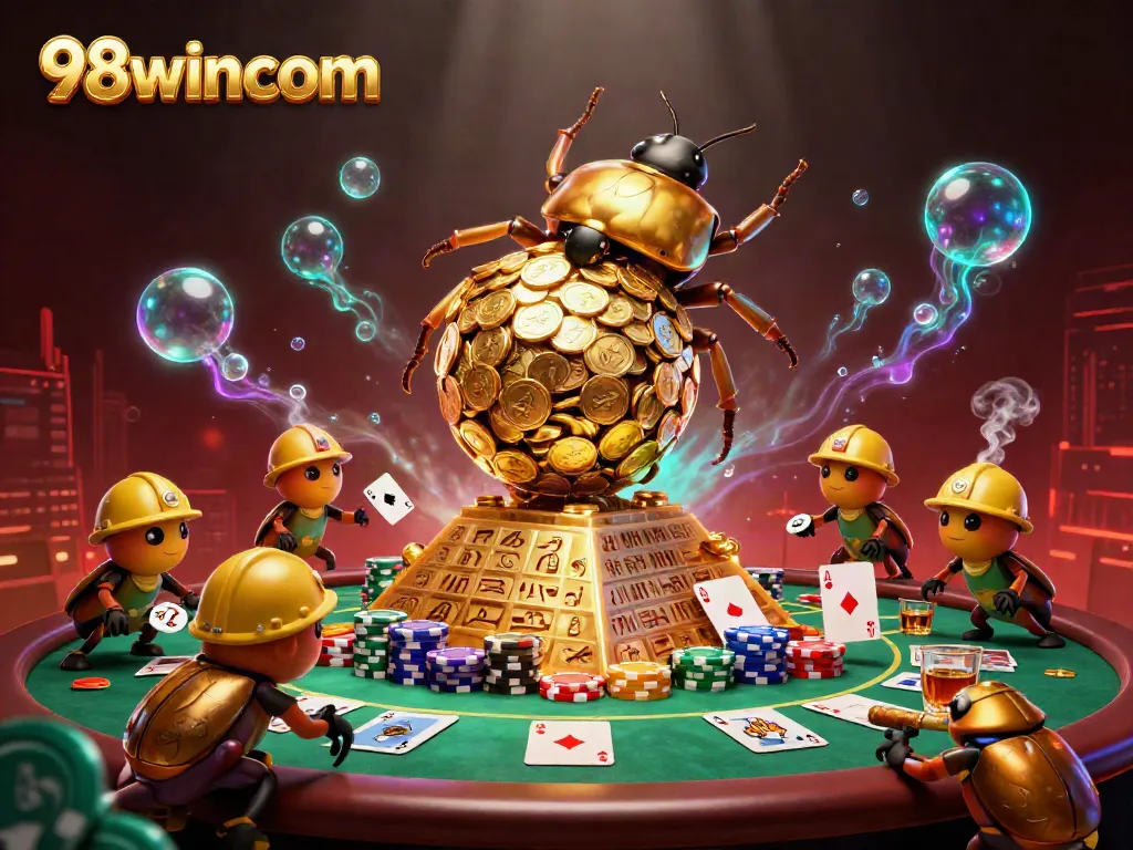 Experience the thrill of gaming at 98wincom with golden treasures in a vibrant casino scene.