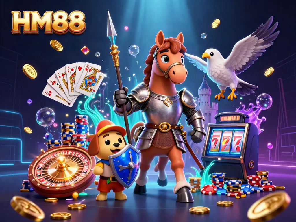 Experience the thrilling HM88 casino adventure with knights, gold coins, and slot machine reels.