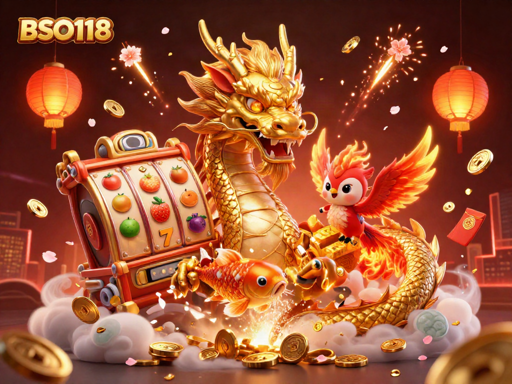 Experience the thrilling BSO118 slot adventure with a dragon, phoenix, and koi fish among vibrant reels!