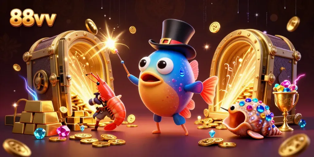 Experience thrilling gameplay at 88vv with glowing coins and lively sea creatures in a vibrant casino scene.