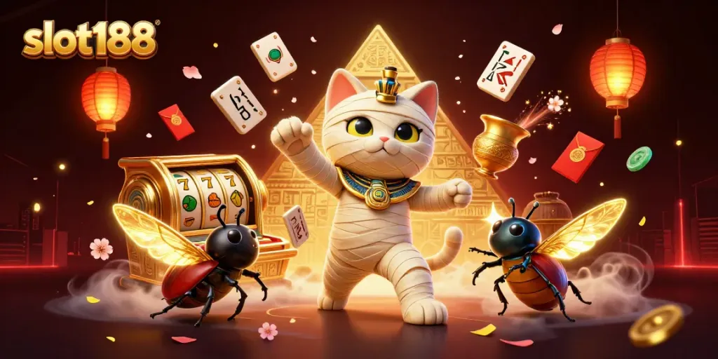 Slot188 menampilkan kucing mummy 3D yang keluar dari sarkofagus sambil memegang kartu bermain hieroglif.
