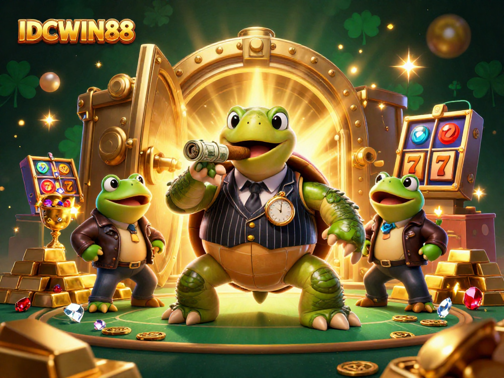 Experience excitement with IDCWIN88's vibrant casino scene featuring a charming turtle and frog enforcers.