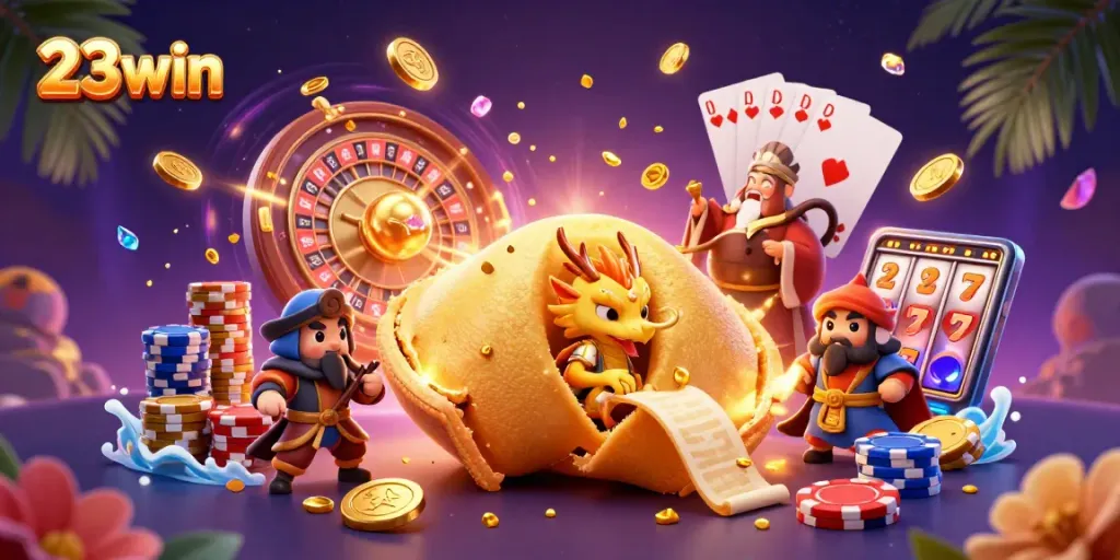 Play exciting games at 23win, featuring dynamic gold coins and colorful poker chips.
