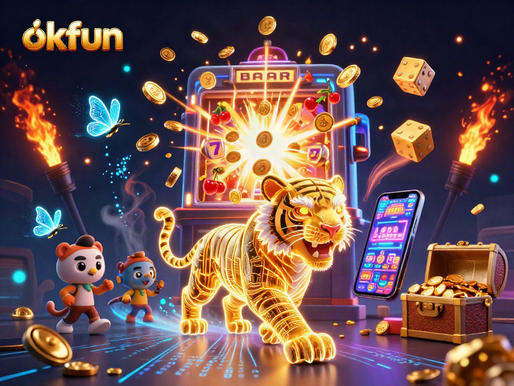 Experience the excitement of okfun with a neon tiger and jackpot scene in this vibrant casino illustration.
