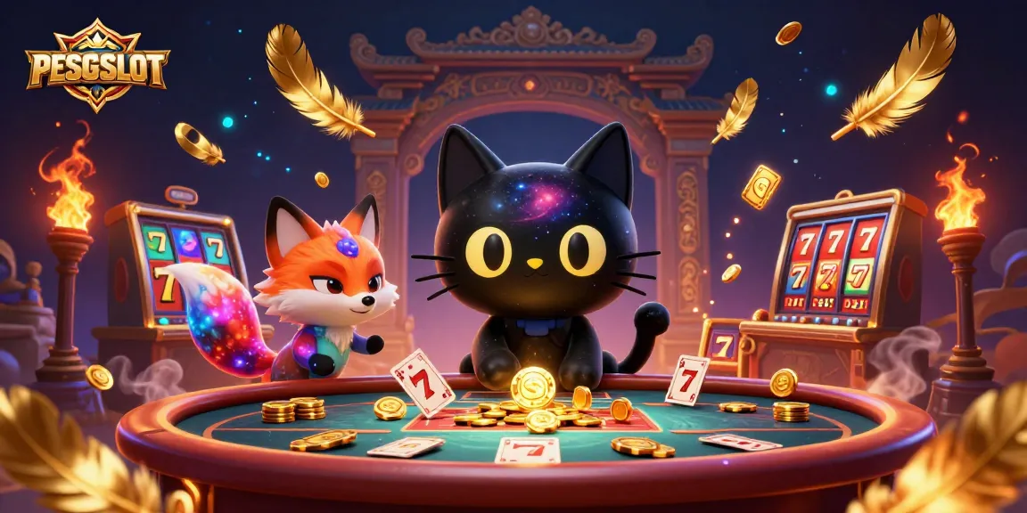 PESGSLOT menampilkan kucing hitam bersekolah galaksi di meja kasino, menarik chip emas dan kartu.