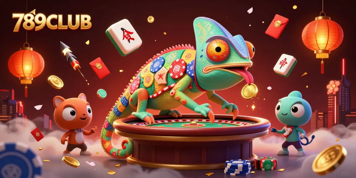 Experience exciting games at 789CLUB with vibrant 3D casino elements and a chameleon host.