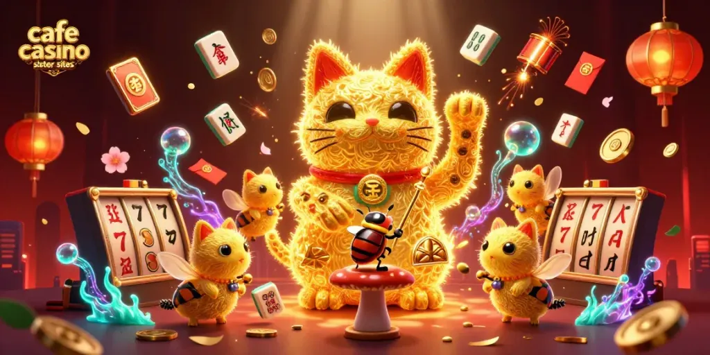 Experience thrilling gameplay with cafe casino sister sites in an enchanting casino-themed illustration featuring lucky symbols and vibrant colors.
