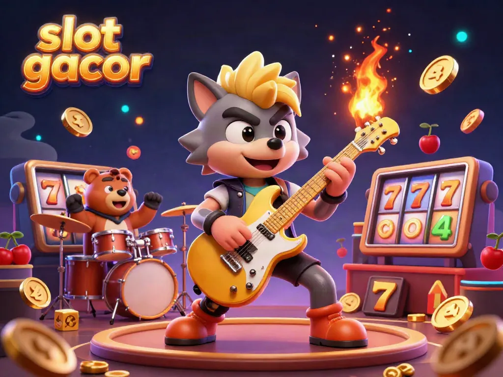 Experience thrilling slot gacor action with our intense casino scene, featuring a rock star wolf and dynamic elements.