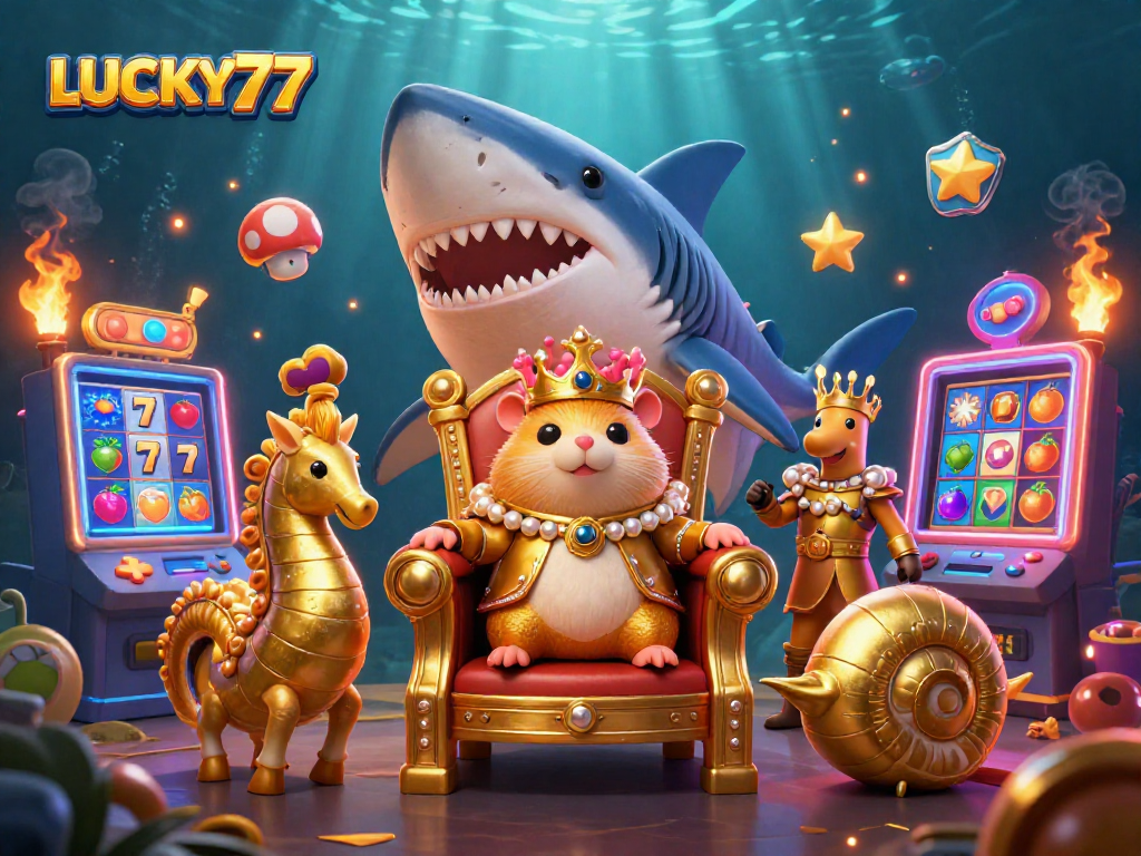 Spin the reels at LUCKY77 with a vibrant underwater casino scene featuring a golden hamster king and colorful arcade machines.