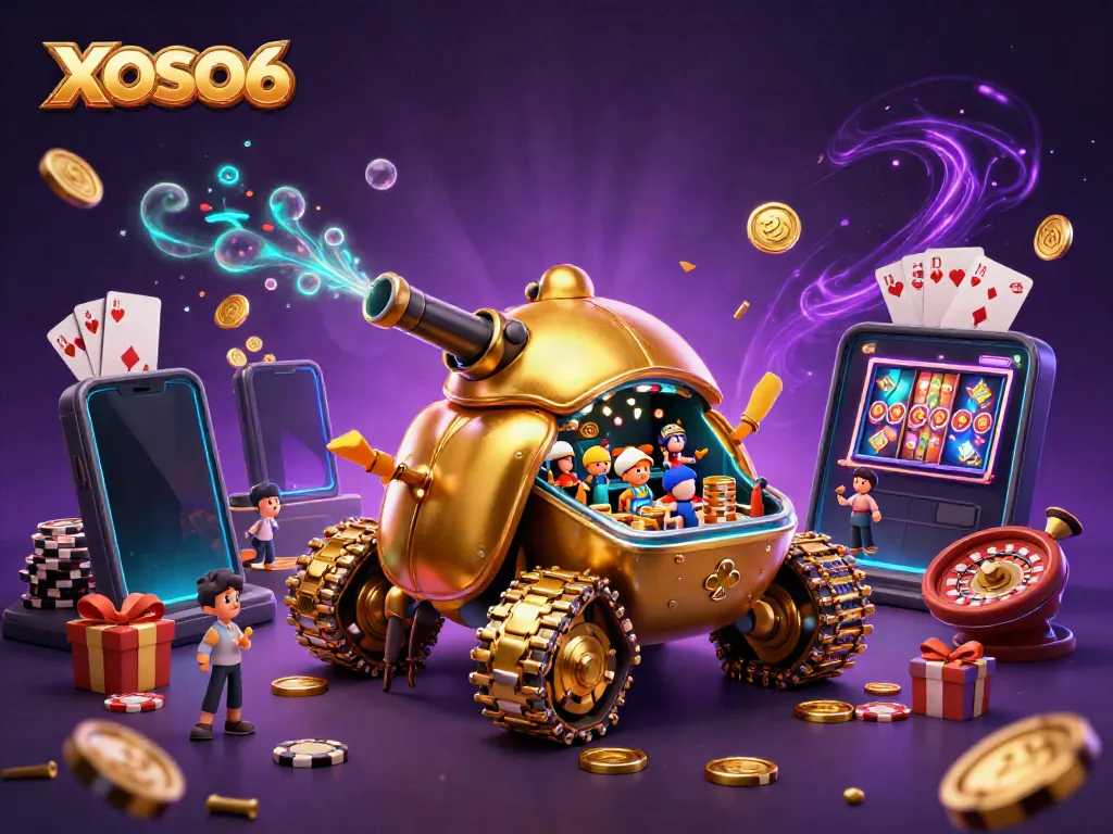 XOSO66 launches a vibrant casino scene inside a golden beetle tank, celebrating wins with confetti and coins.