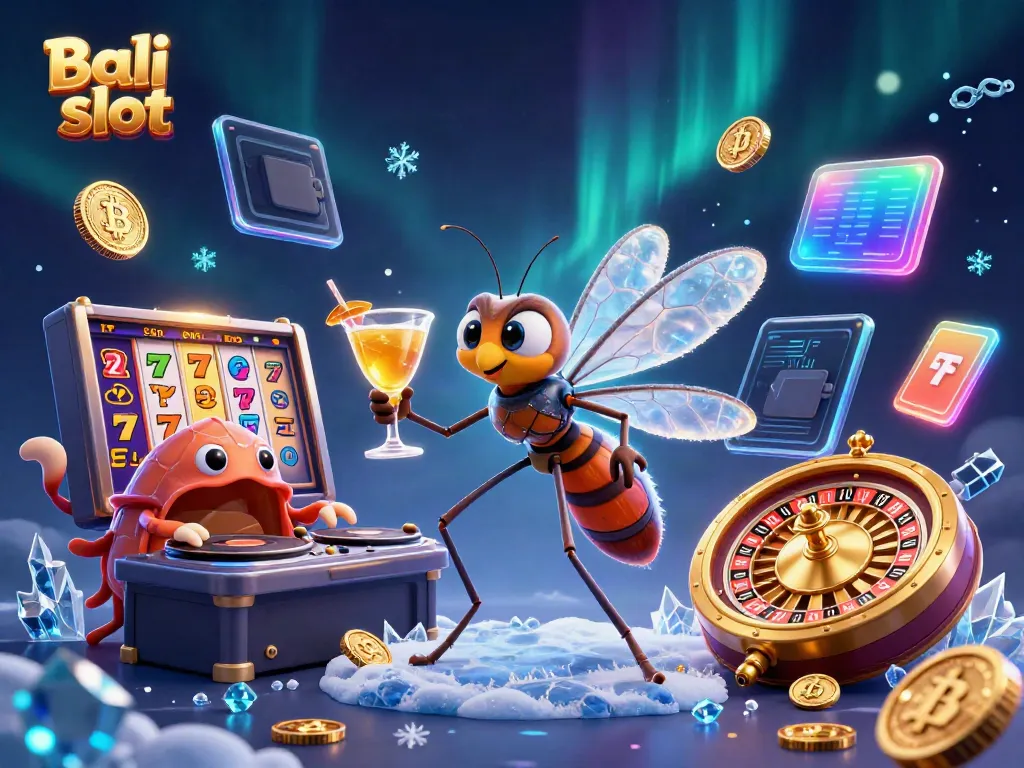 Bali slot theme illustrated with a frozen mosquito mascot and trilobite DJ amidst slot reels and neon crypto coins.