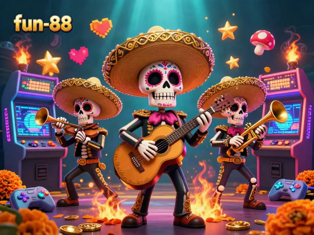 Experience fun-88 with a lively mariachi band illustrating vibrant gambling fun, filled with exciting game elements.