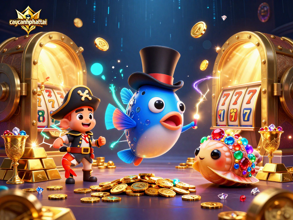 Catch golden coins with caycanhphattai's enriching gameplay and radiant characters in a lively casino scene.