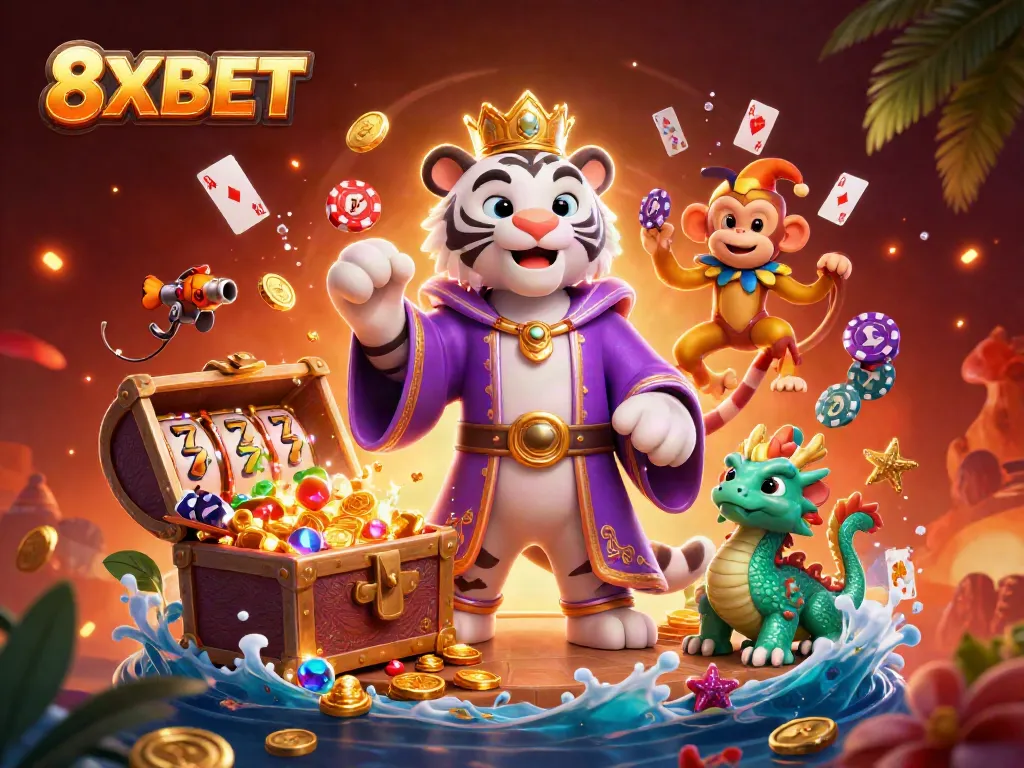 Engage with 8XBET's vibrant casino atmosphere featuring playful characters and dynamic gaming elements.