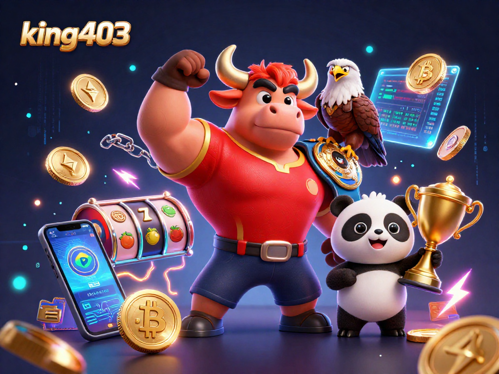 king403 showcases a vibrant 3D casino scene with characters celebrating wins alongside crypto elements.