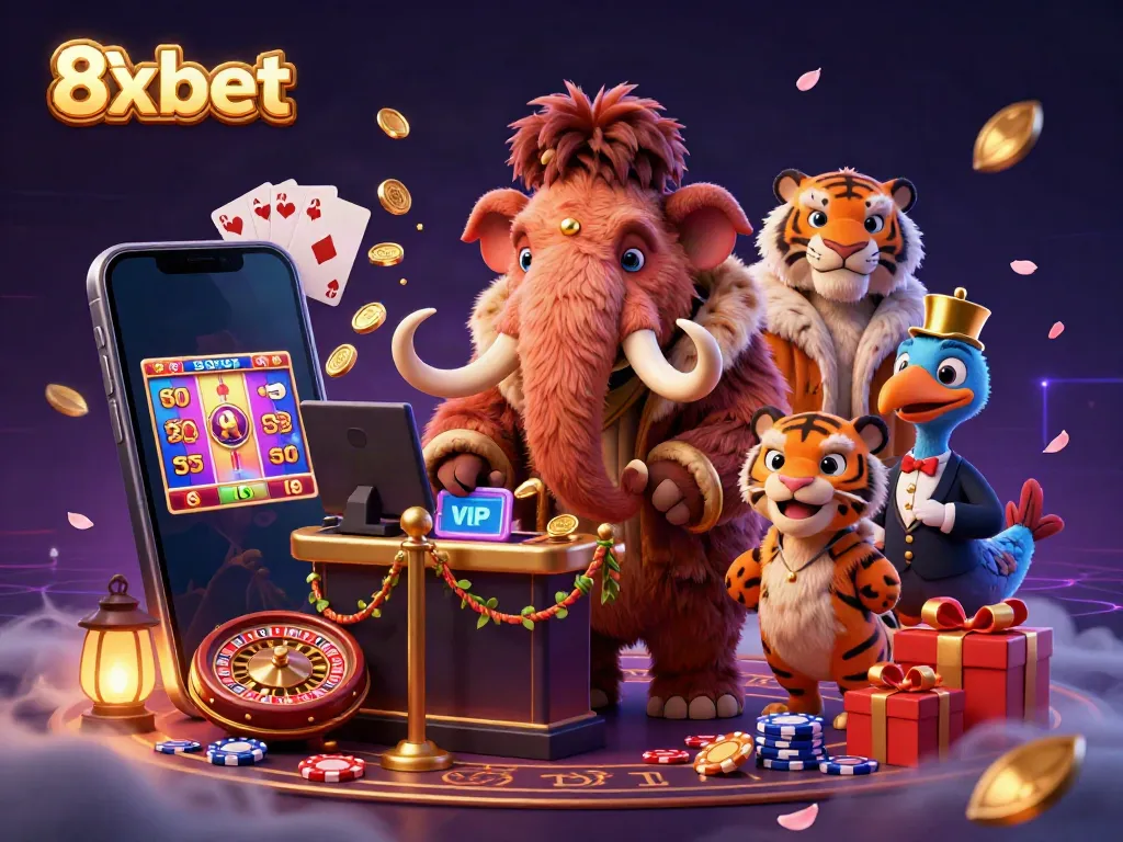 Experience the excitement of 8xbet with vibrant casino elements and engaging characters in a dynamic scene.