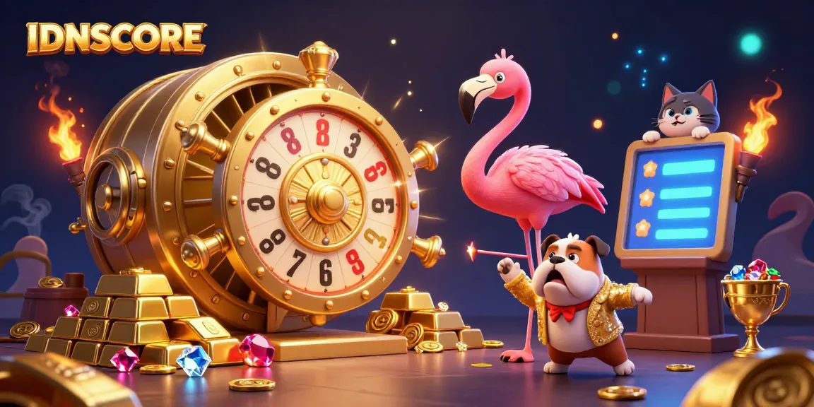 Engage in excitement with IDNSCORE at a lively 3D casino scene featuring a game show host flamingo, a contestant bulldog, and sparkling prizes.