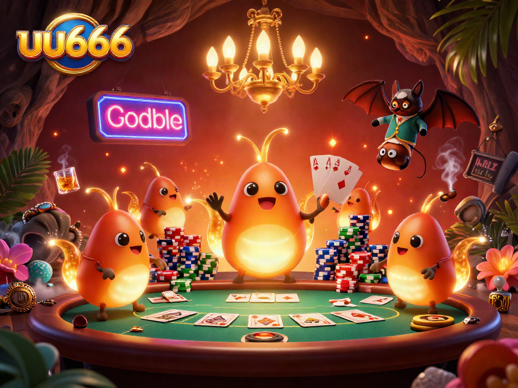 uu666 illuminates a vibrant casino scene with glowworms and poker elements, ensuring an exciting atmosphere.