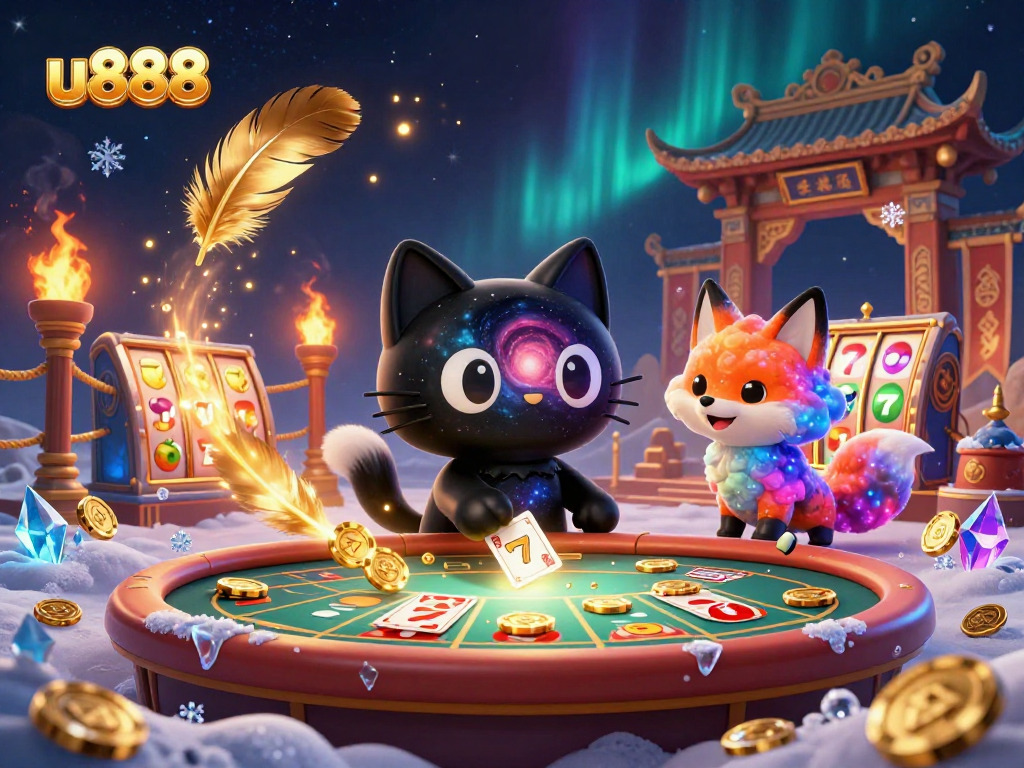 Engage with u888's cosmic casino scene featuring a black hole cat amidst vibrant game elements.