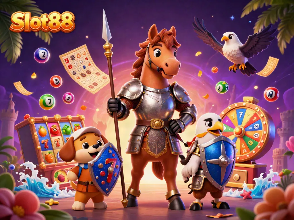 Engage with Slot88 in a vibrant, interactive casino scene featuring medieval knights and lively game elements.