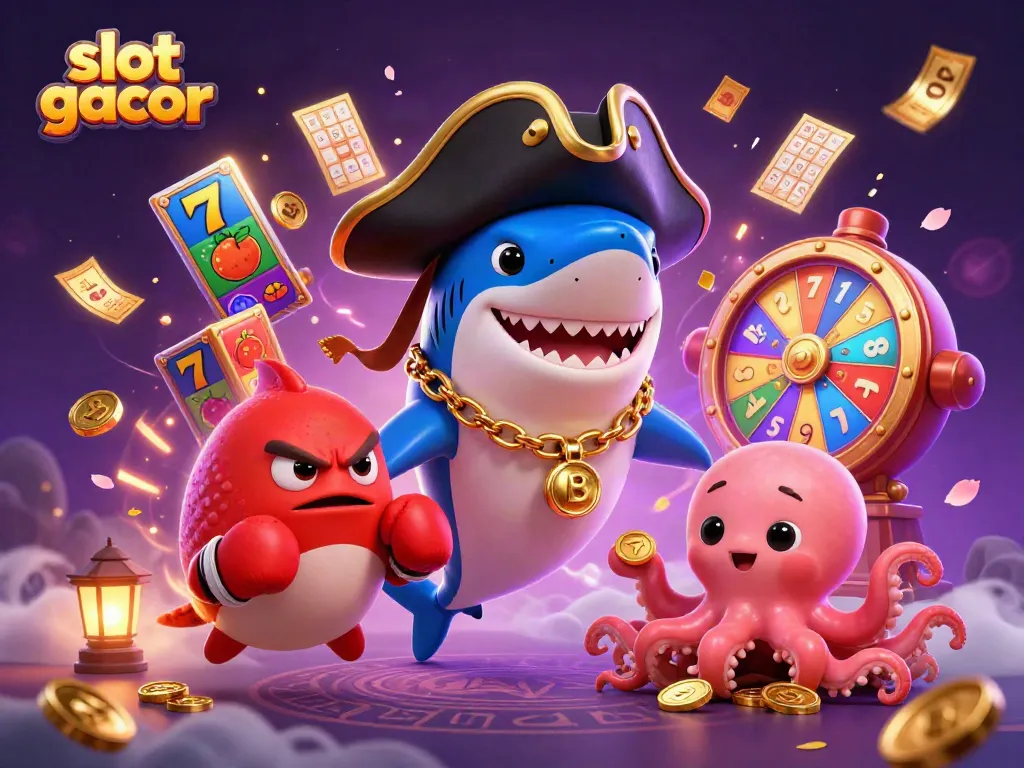 Experience slot gacor excitement with vibrant characters amidst colorful casino elements.